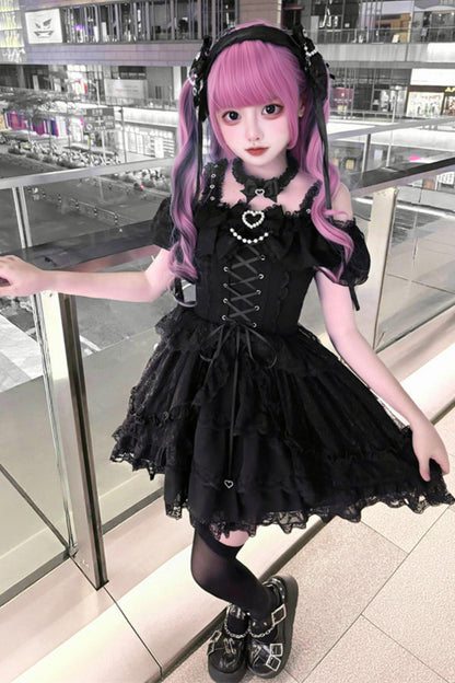 Off-shoulder Dark Kawaii Lace Dress + Neck Ring
