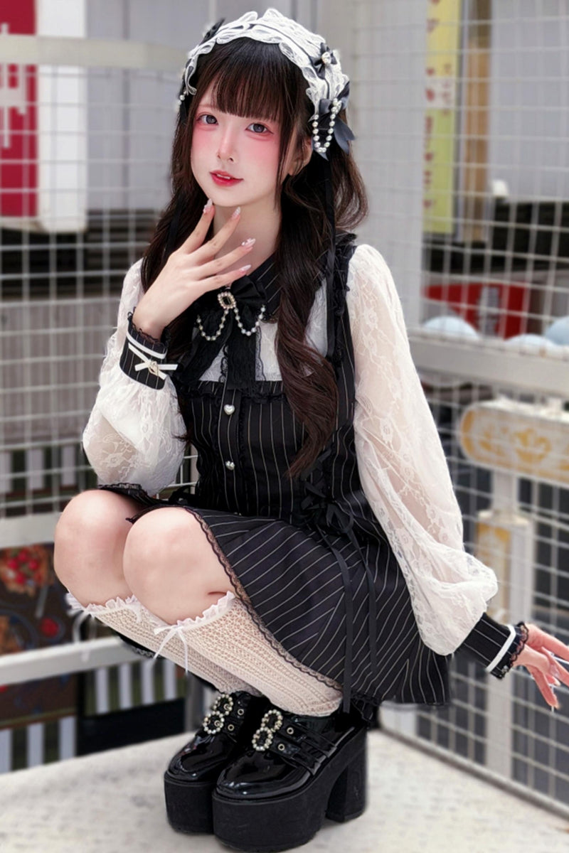 ストライプレース地雷ドレス+ショートパンツ+ヘッドドレス
