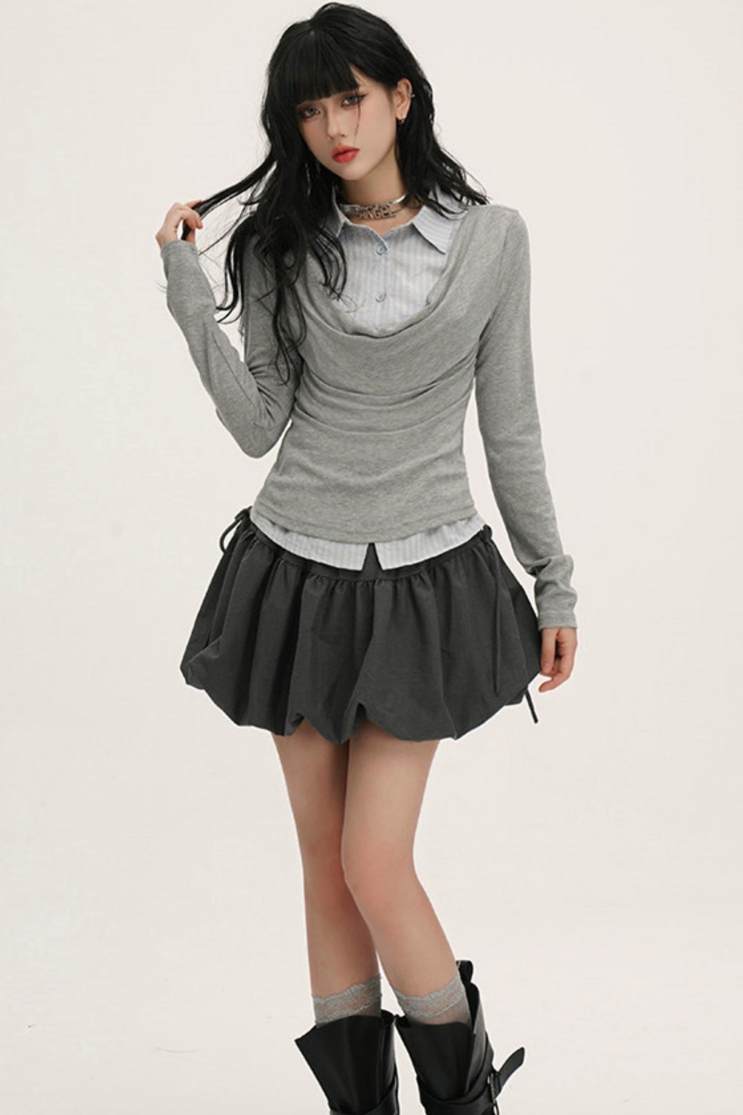 Drape Cowl Neck Layered Shirt