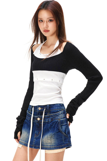 Rhinestone Layered Knit Top