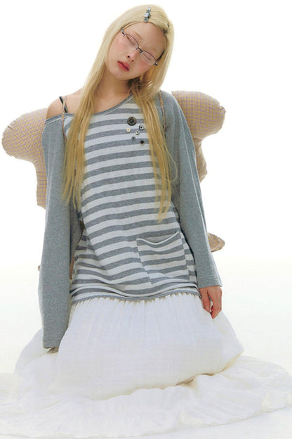 Button Striped Off-shoulder Top
