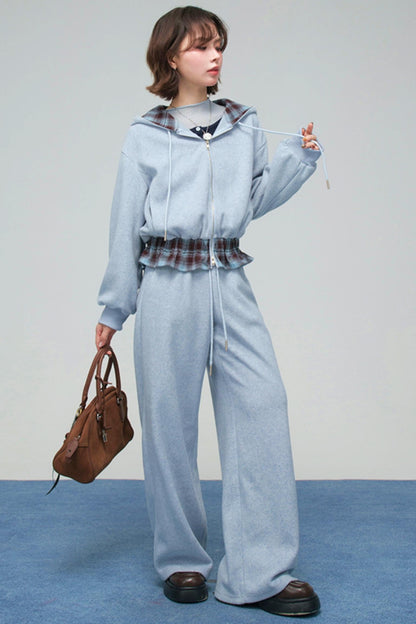 Check Hooded Hoodie + Loose Pants
