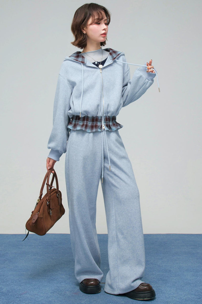 Check Hooded Hoodie + Loose Pants