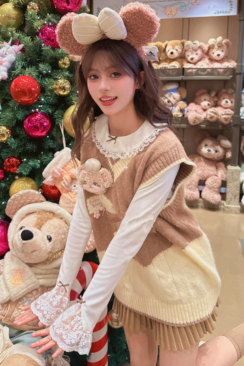 Sweet Bear Embroidered Knitted Vest + Cardigan