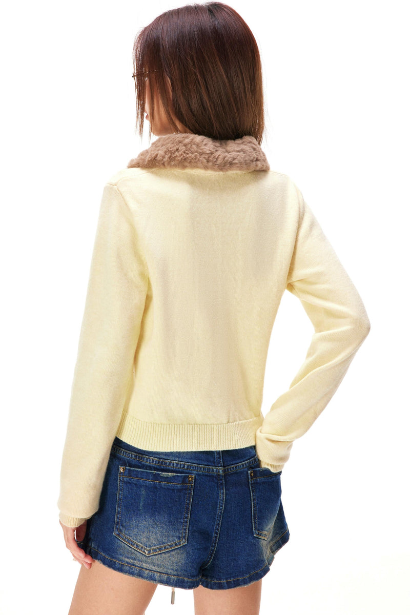 Retro Faux Fur Color Knit Cardigan