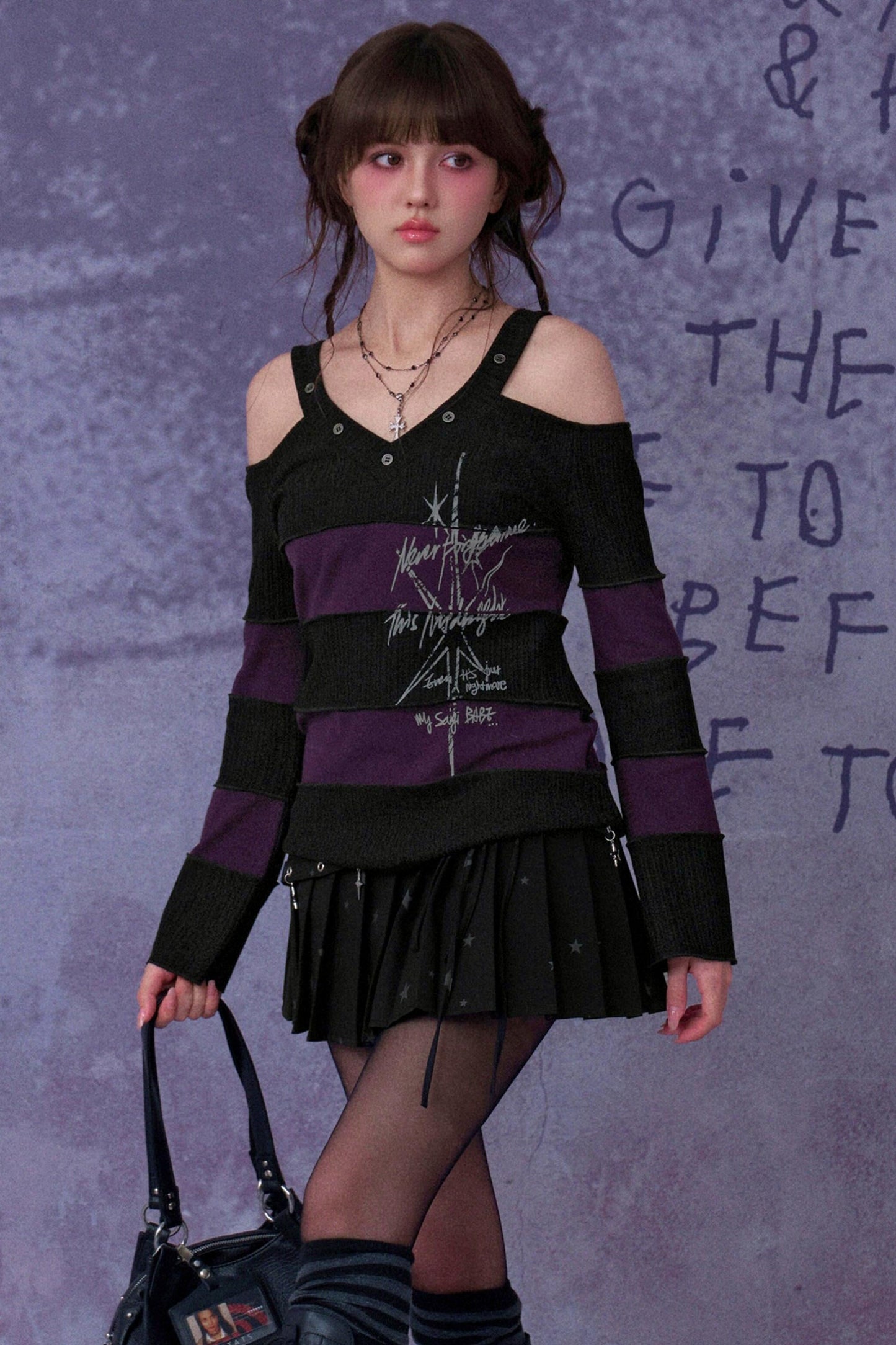 Black and Purple Off Shoulder Top