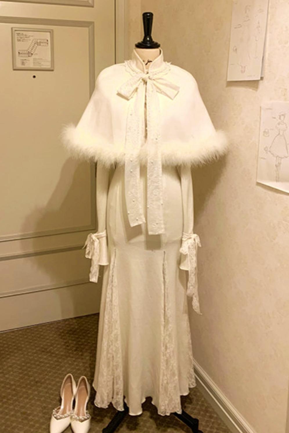French Lace Waist Slimming Dress + Soft White Longline Cloak