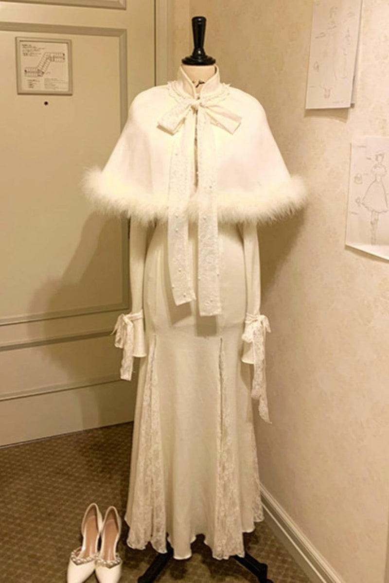 French Lace Waist Slimming Dress + Soft White Longline Cloak