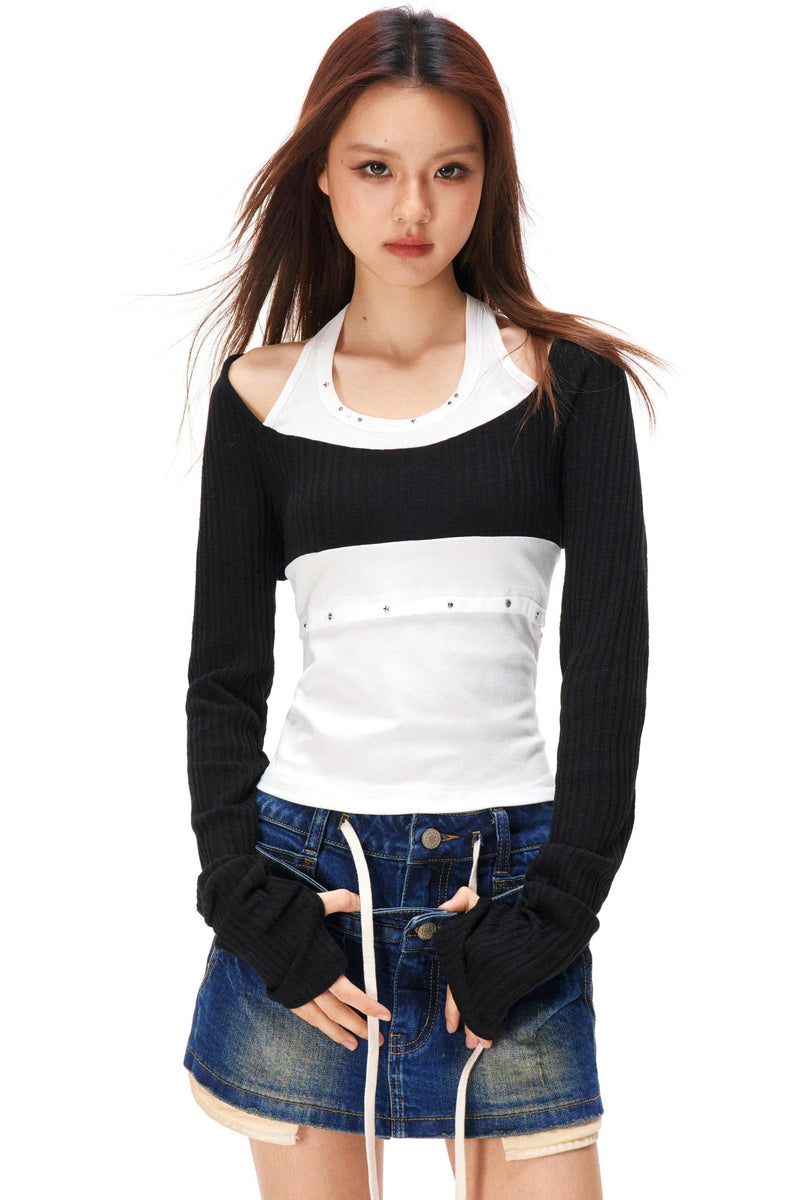 Rhinestone Layered Knit Top