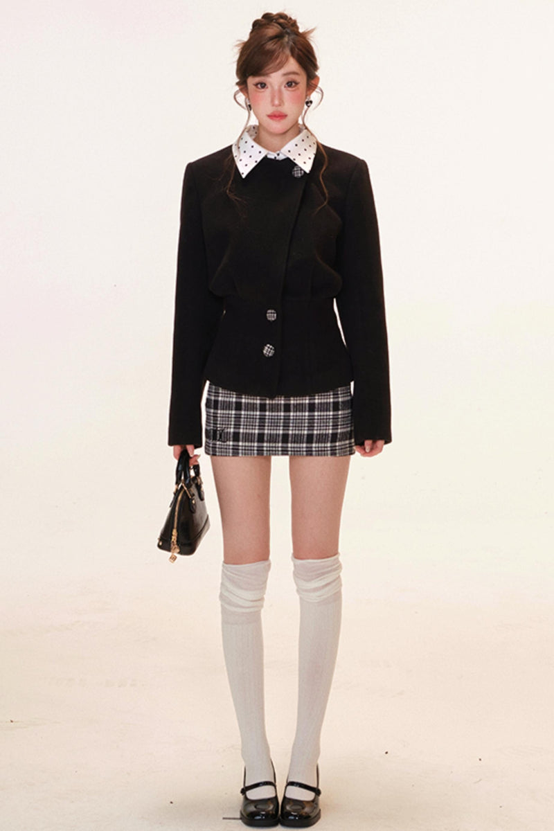 French Jacket + Inner Camisole Top + Plaid Skirt