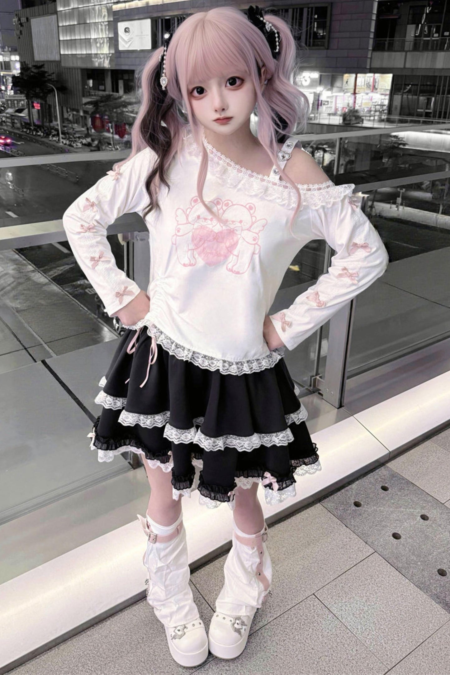 Bear Angel One-shoulder Top + Tiered Skirt