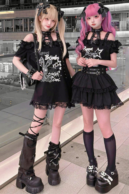 Lace-up Dark Kawaii T-shirt + Skirt + Bag + Hair Accessories