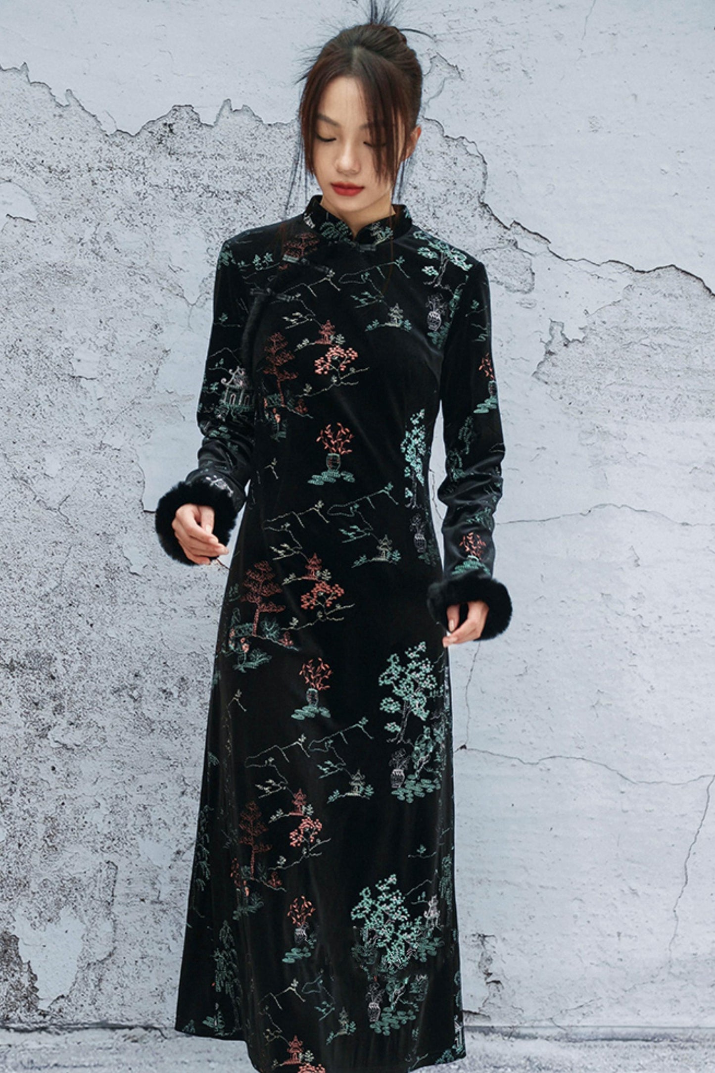 Embroidered Plush Cheongsam Dress