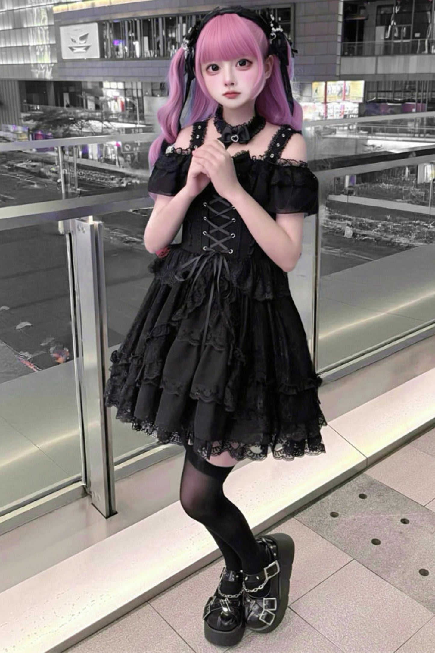 Off-shoulder Dark Kawaii Lace Dress + Neck Ring