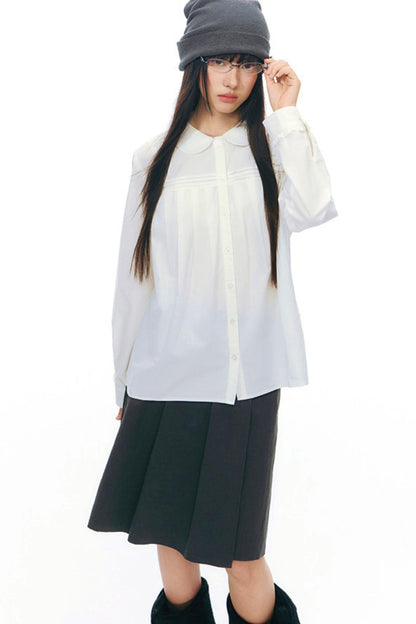 Doll Collar Pleated Cotton Blouse