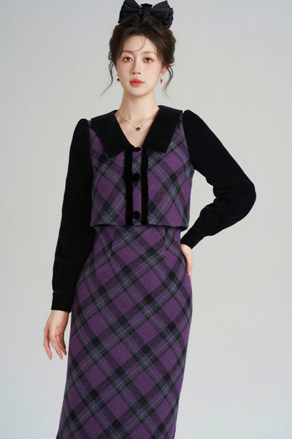Velvet Patchwork Plaid Dress
