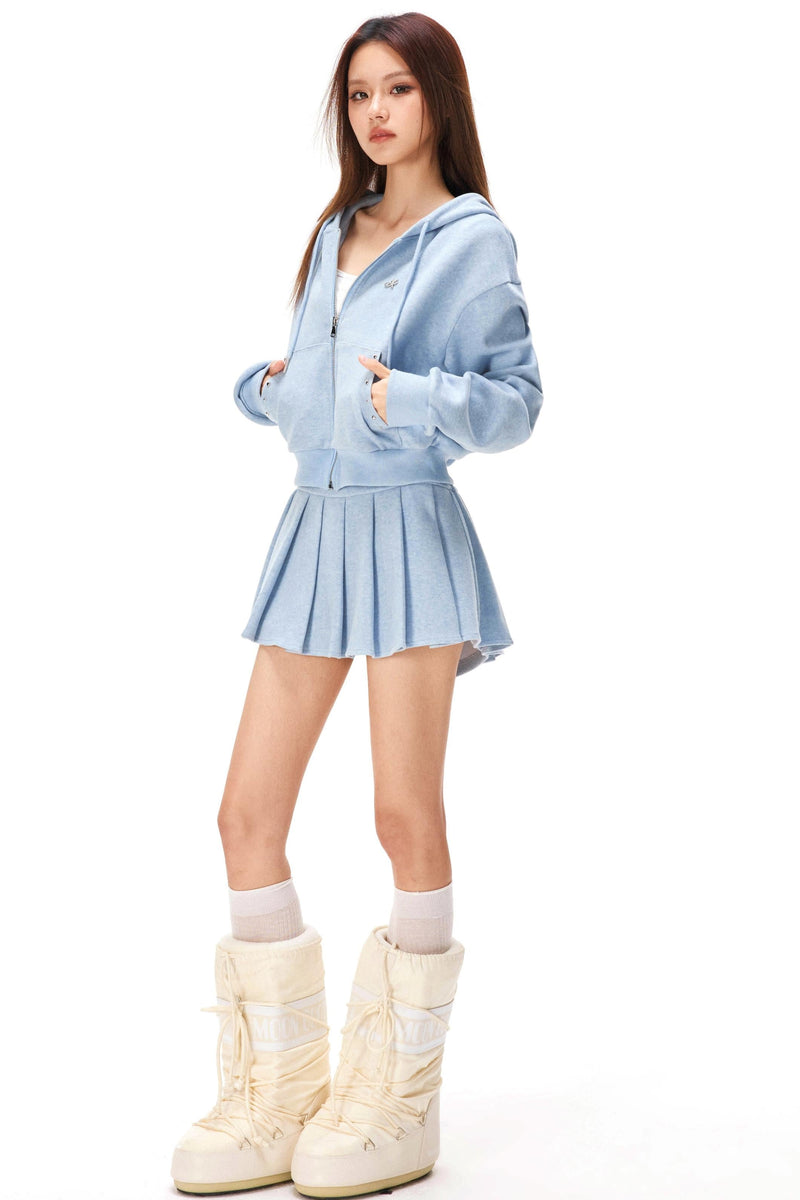 Zip-up Hoodie + Pleated Skirt