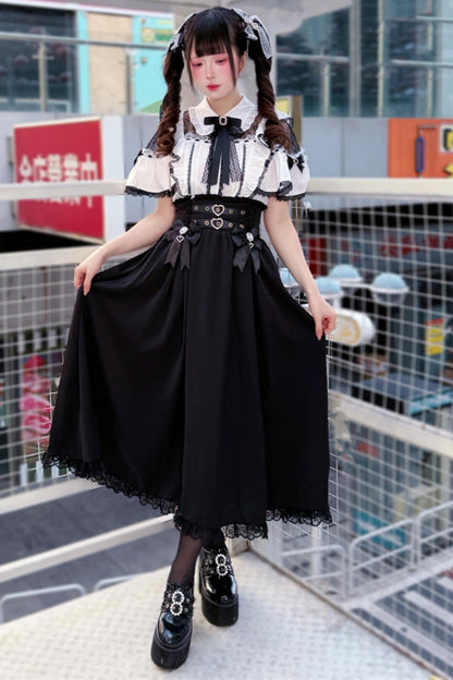 Lace Dark Kawaii Blouse + Heart Ring Long Skirt