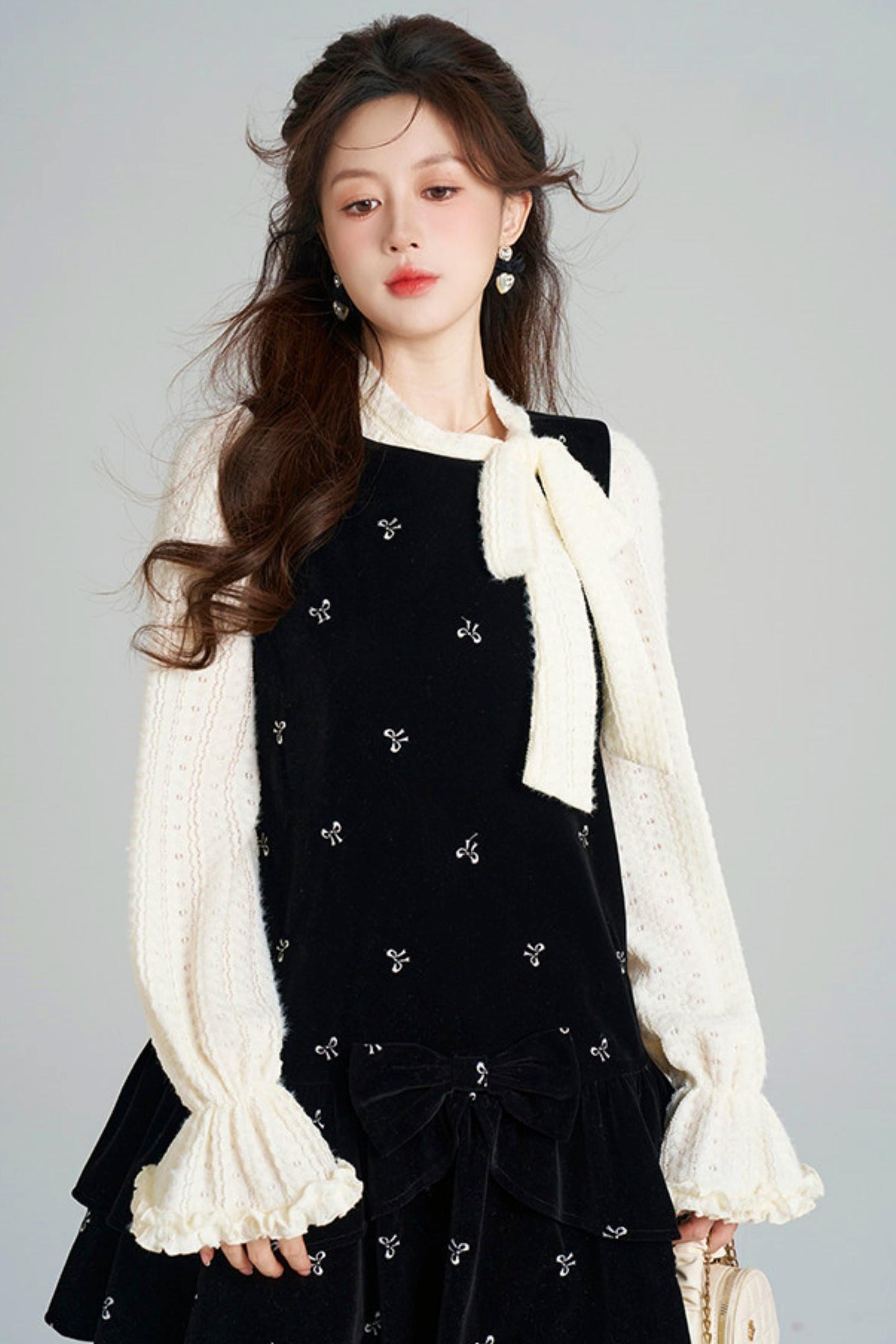 French Sweet Käbel Velvet Dress + Ribbon Neck Blouse