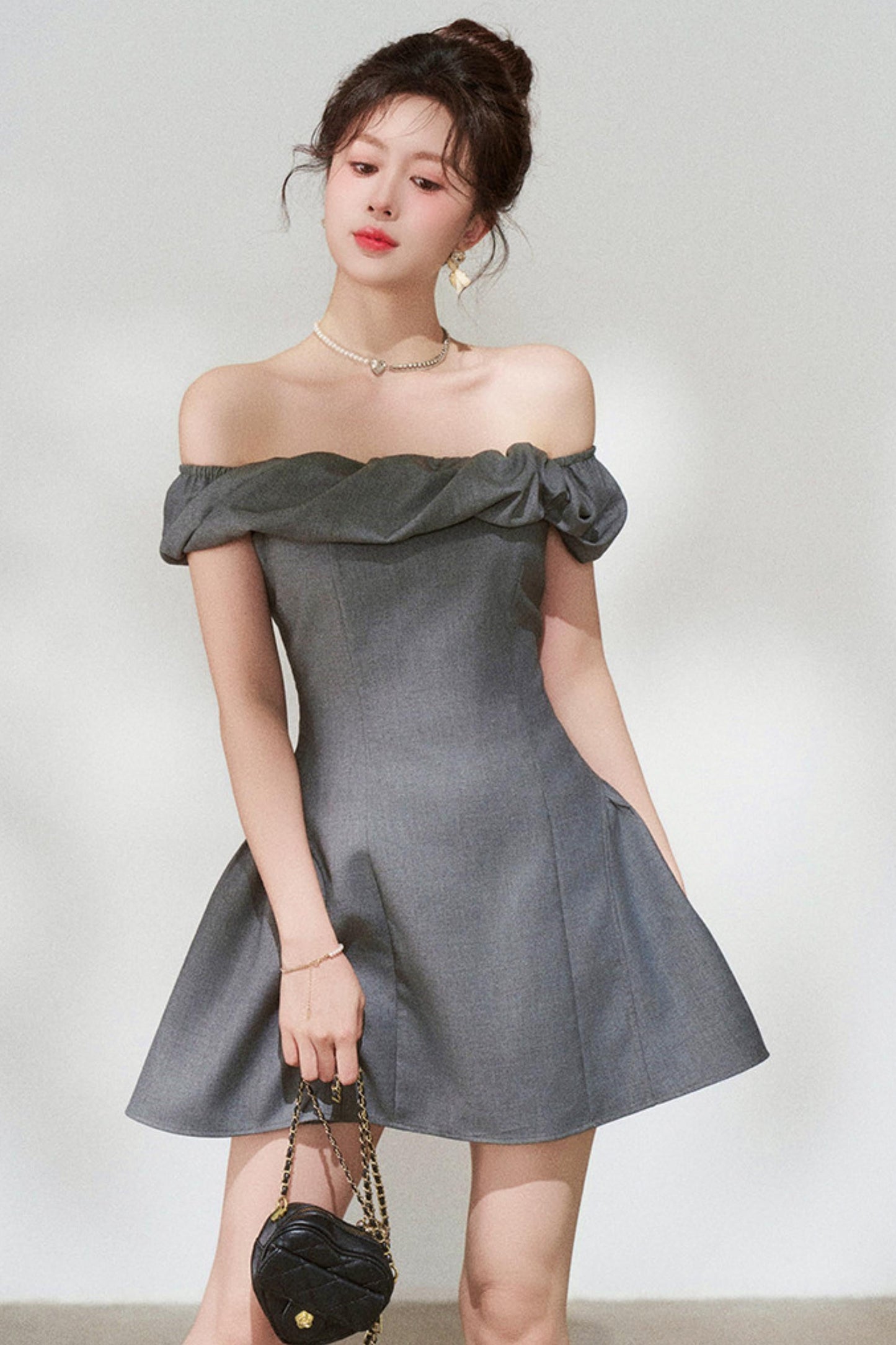 French Gray Off-shoulder Dress