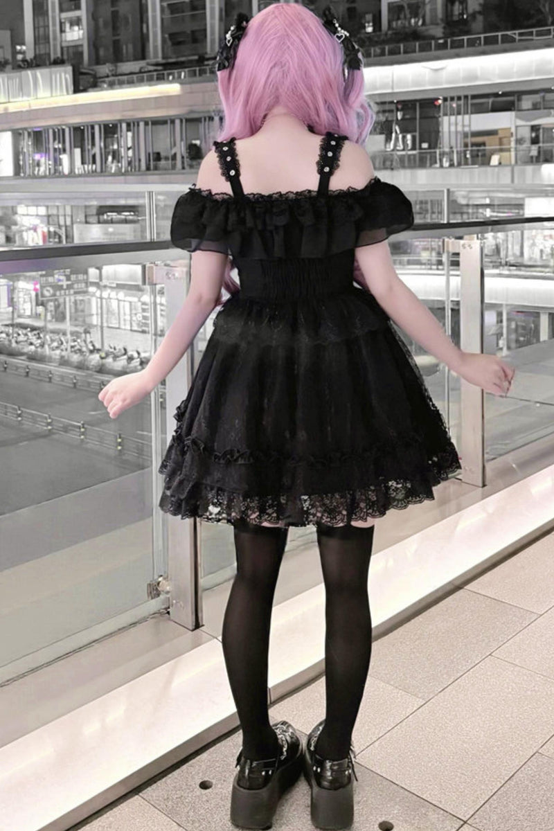 Off-shoulder Dark Kawaii Lace Dress + Neck Ring