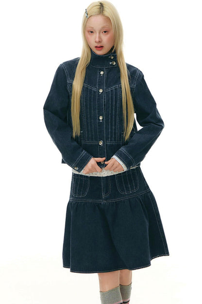 Pleated Denim Jacket + Skirt