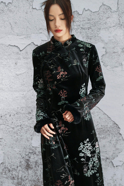 Embroidered Plush Cheongsam Dress