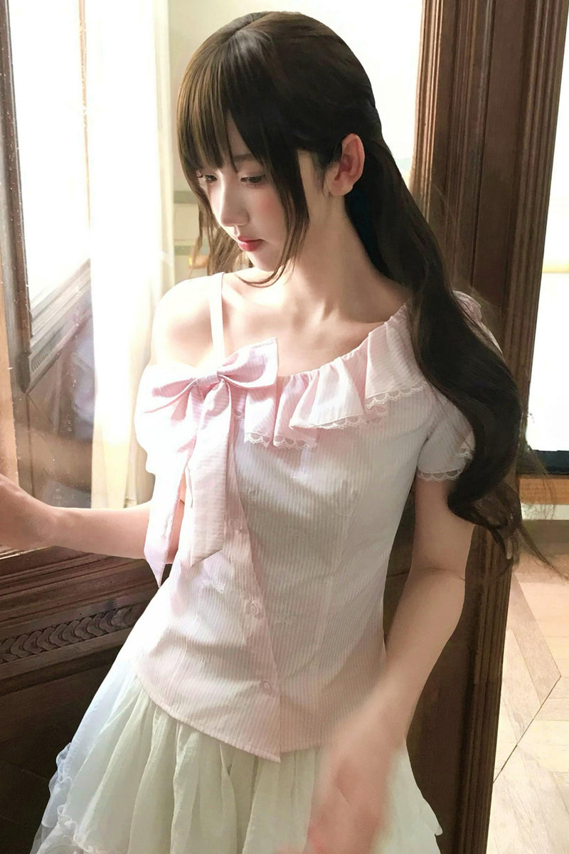 Fluffy Sweet Off-shoulder Ribbon Blouse + Skirt