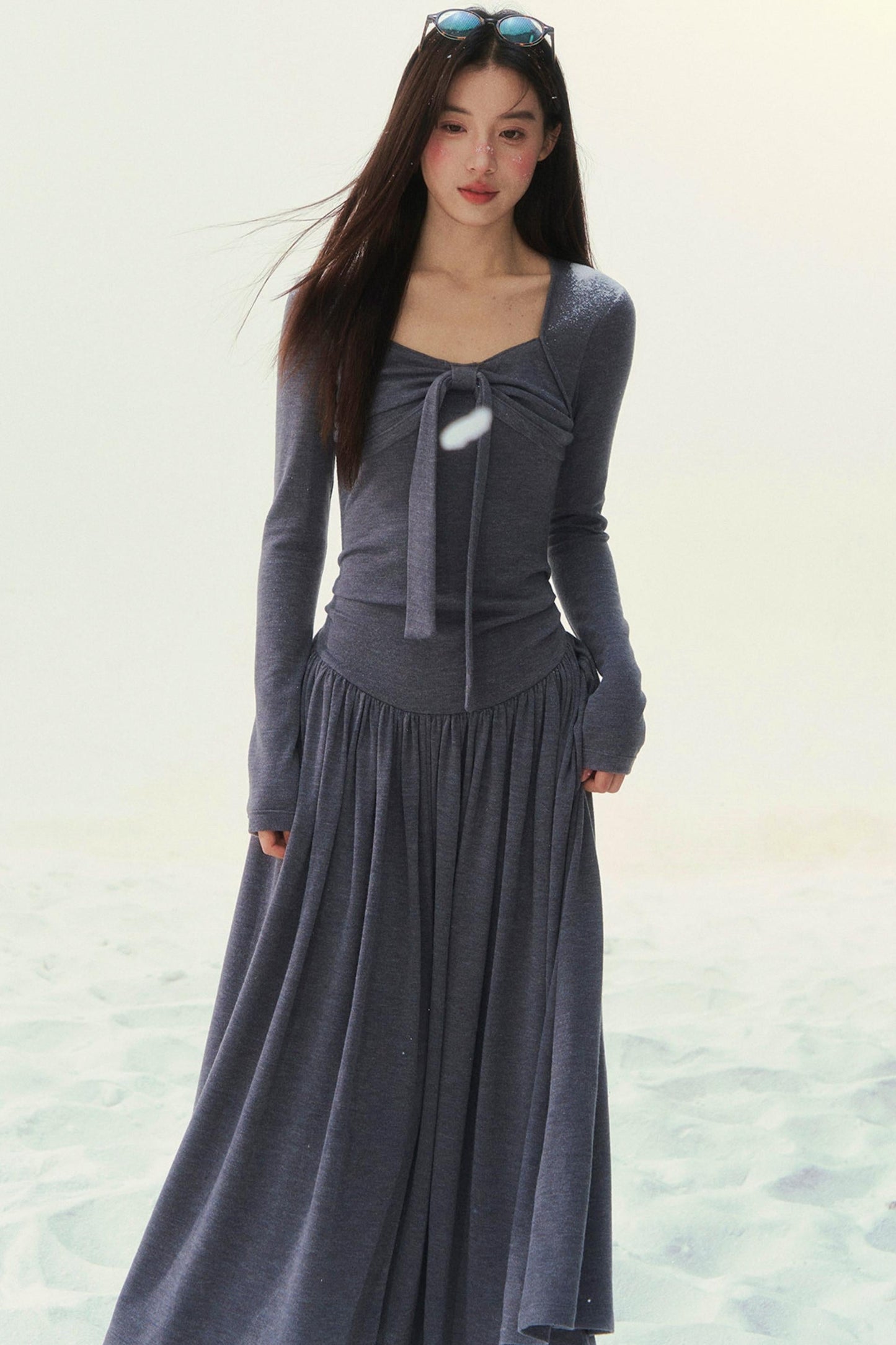 Gray Knit Waist Shape French Dress