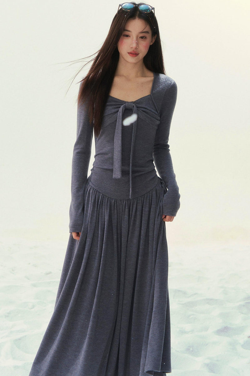 Gray Knit Waist Shape French Dress
