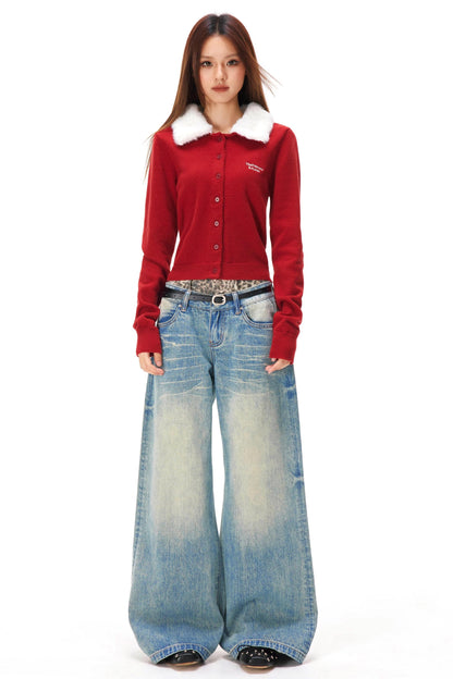 Retro Faux Fur Color Knit Cardigan