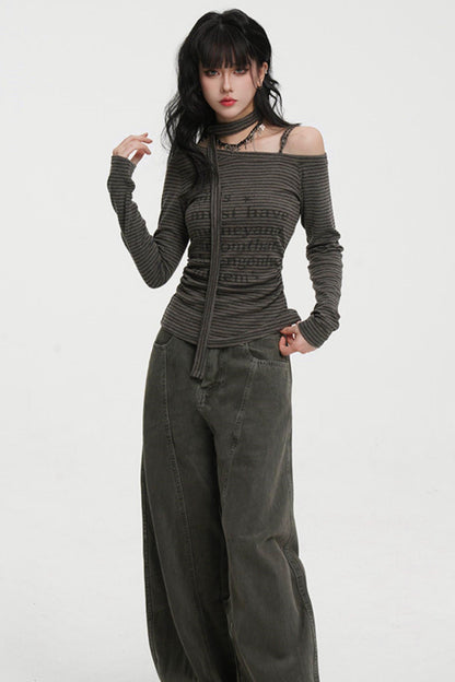 Striped One-shoulder Tie-neck Top