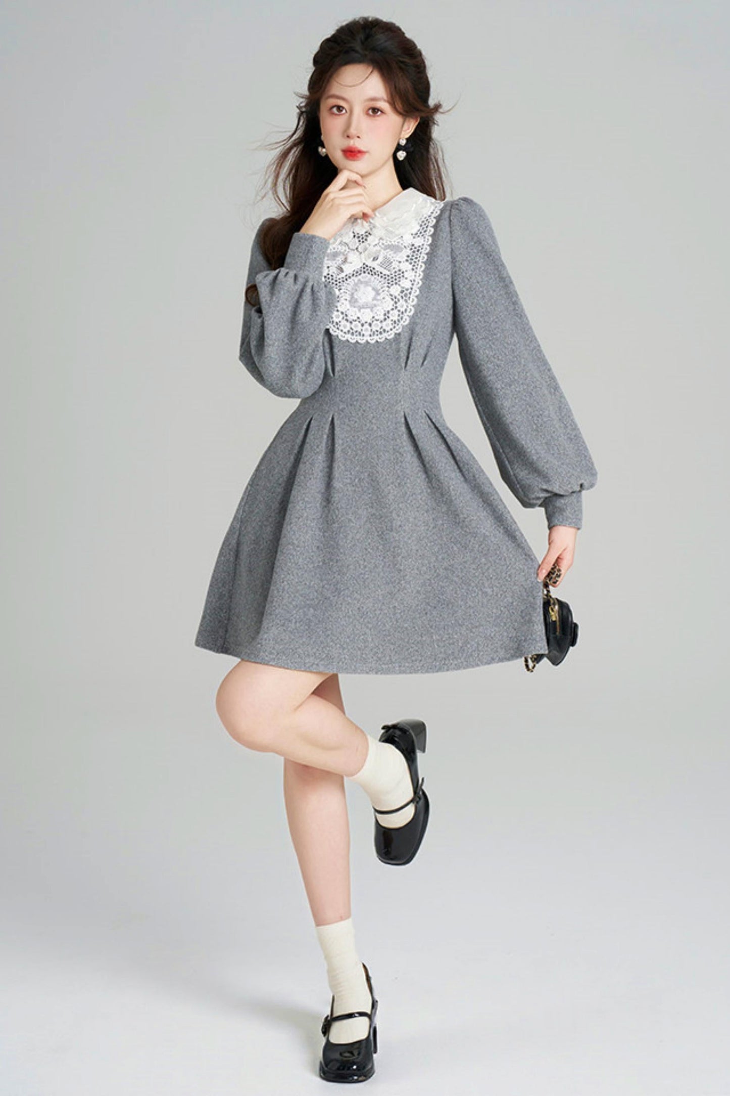 Lace Neck Design Waist Marked Dress