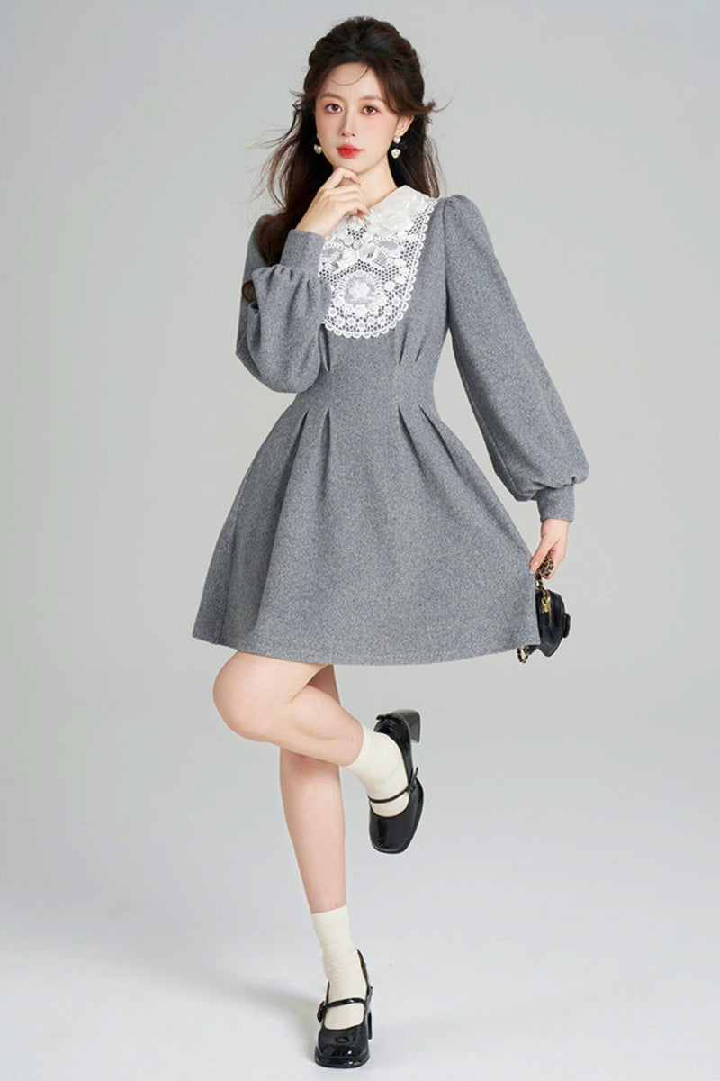 Lace Neck Design Waist Marked Dress
