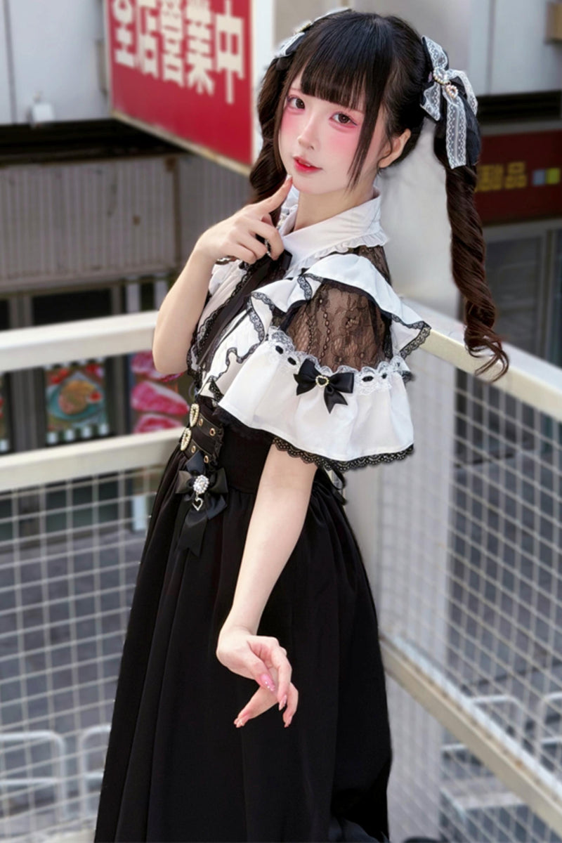 Lace Dark Kawaii Blouse + Heart Ring Long Skirt