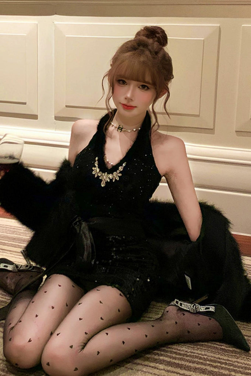 French Style Tight Dress + Fur Coat