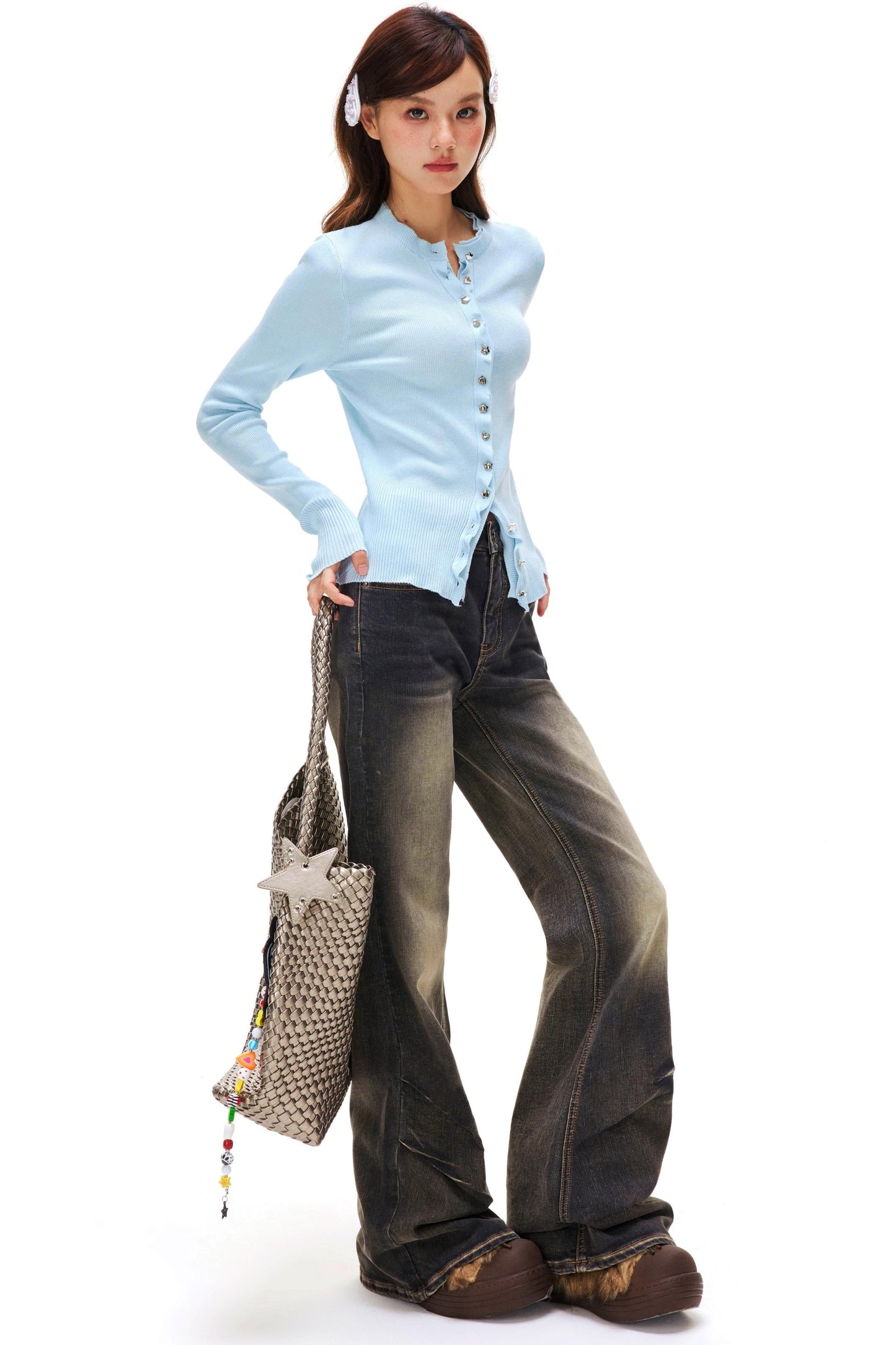 Love Star Button Slim Cardigan