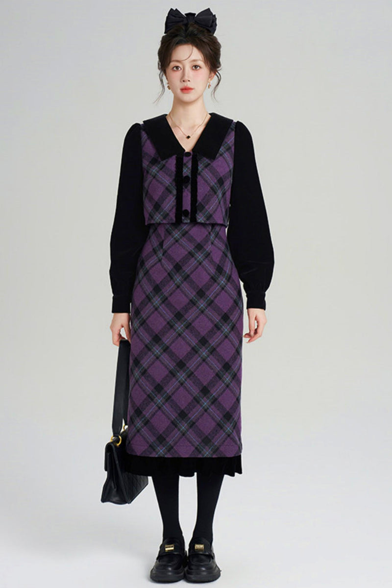Velvet Patchwork Plaid Dress