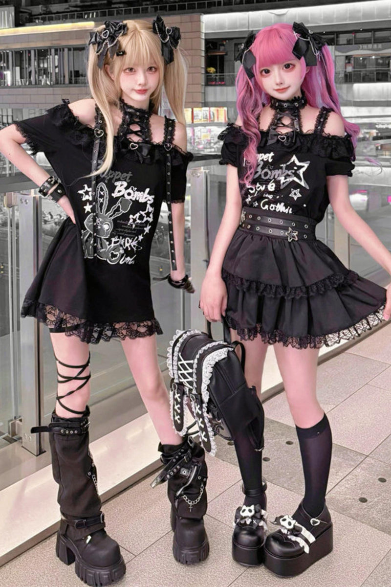 Lace-up Dark Kawaii T-shirt + Skirt + Bag + Hair Accessories