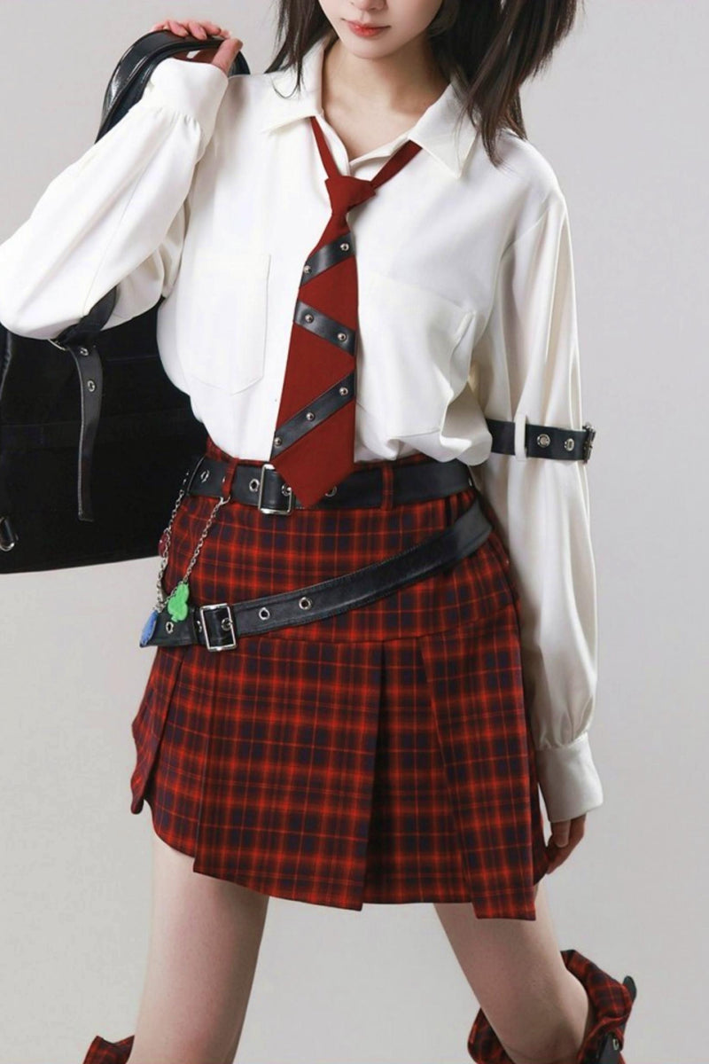 Diagonal Plaid Pleated Skirt + Leg Warmers