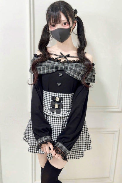 Off-shoulder Lace Ribbon Strap Knit Top