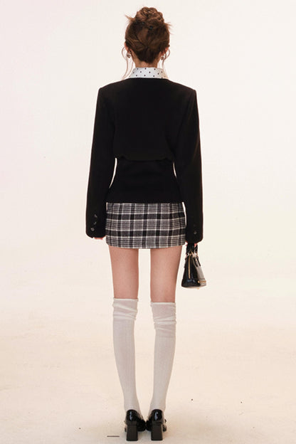 French Jacket + Inner Camisole Top + Plaid Skirt