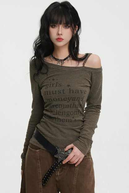 Striped One-shoulder Tie-neck Top