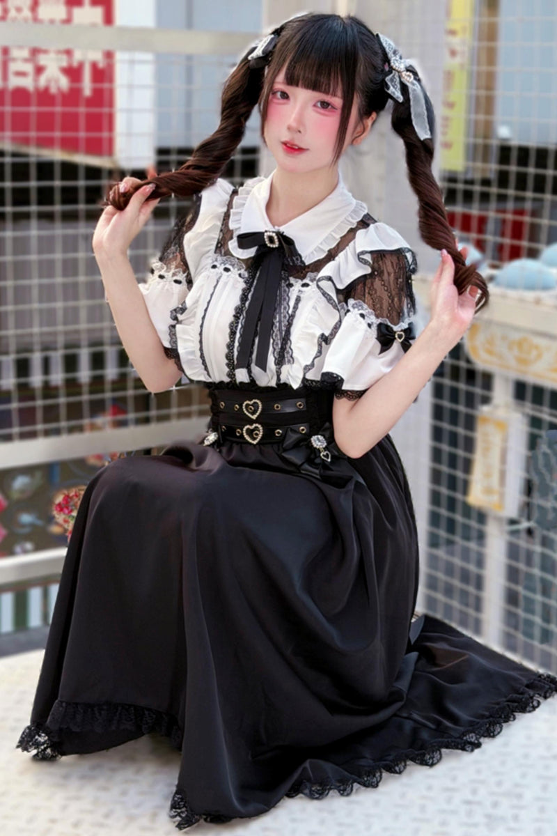 Lace Dark Kawaii Blouse + Heart Ring Long Skirt