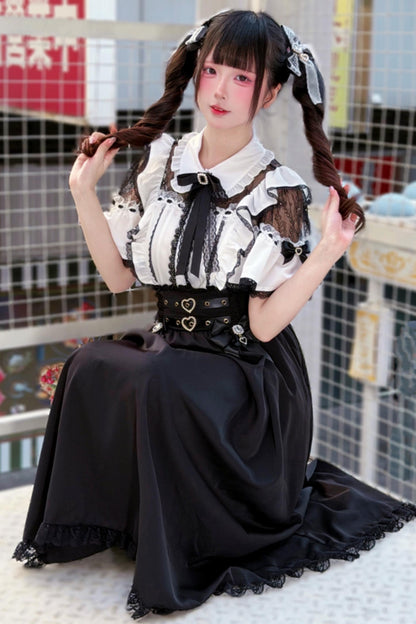 Lace Dark Kawaii Blouse + Heart Ring Long Skirt