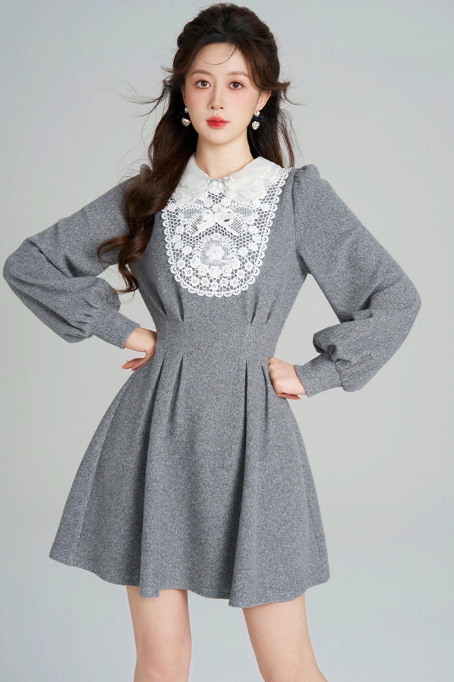 Lace Neck Design Waist Marked Dress
