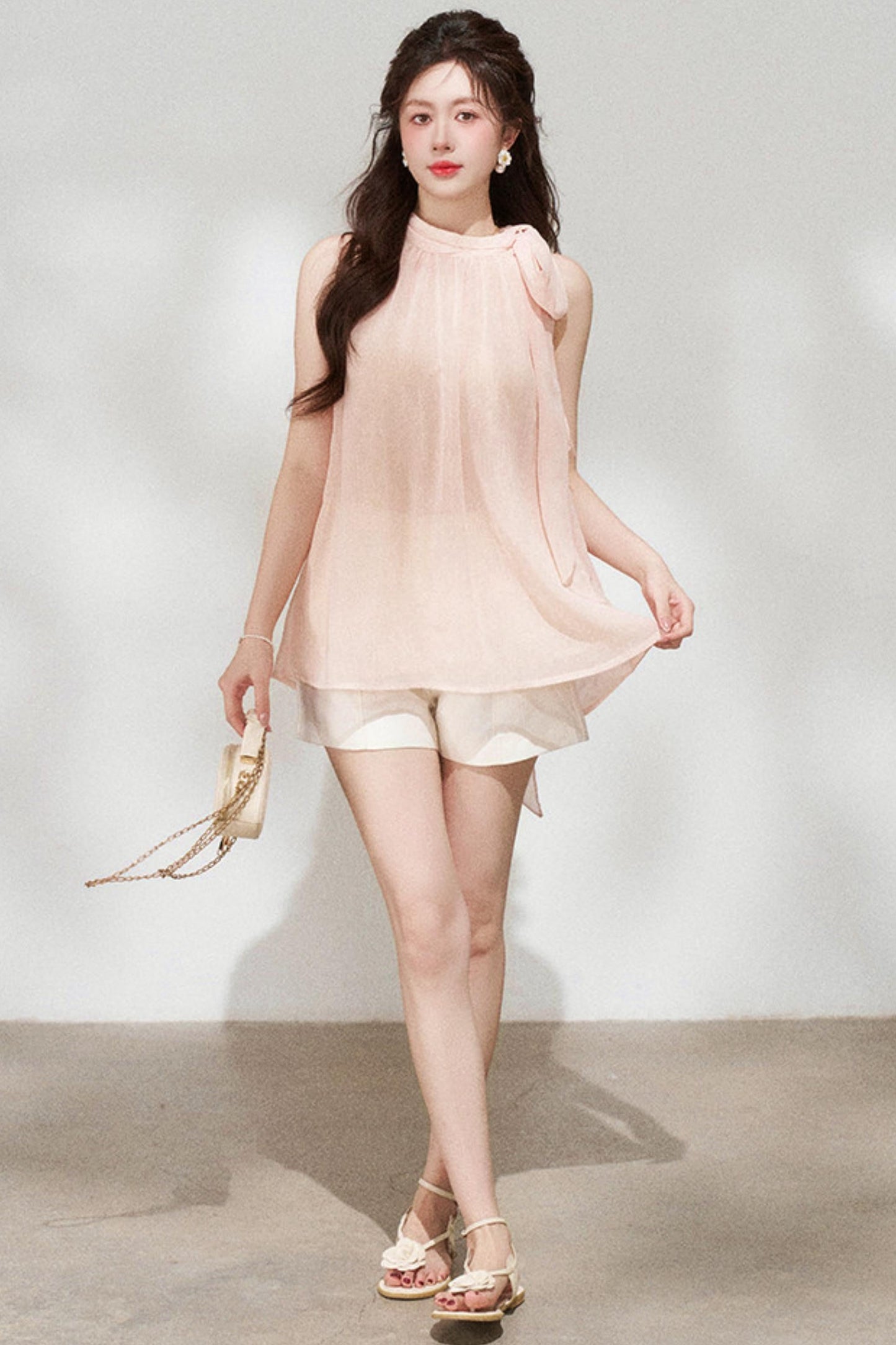 Pink Chiffon Halter Sleeveless Shirt
