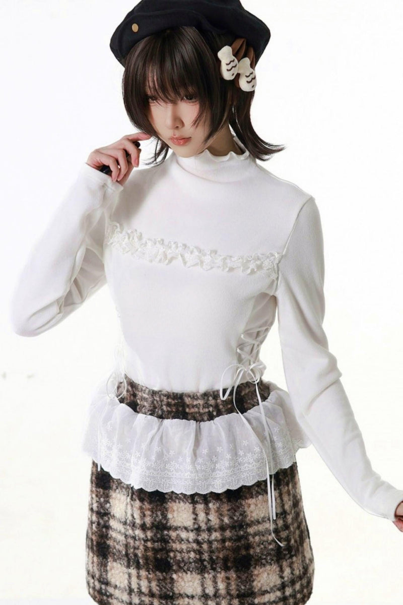Plaid Skirt + Coat + Top + Leg Warmers
