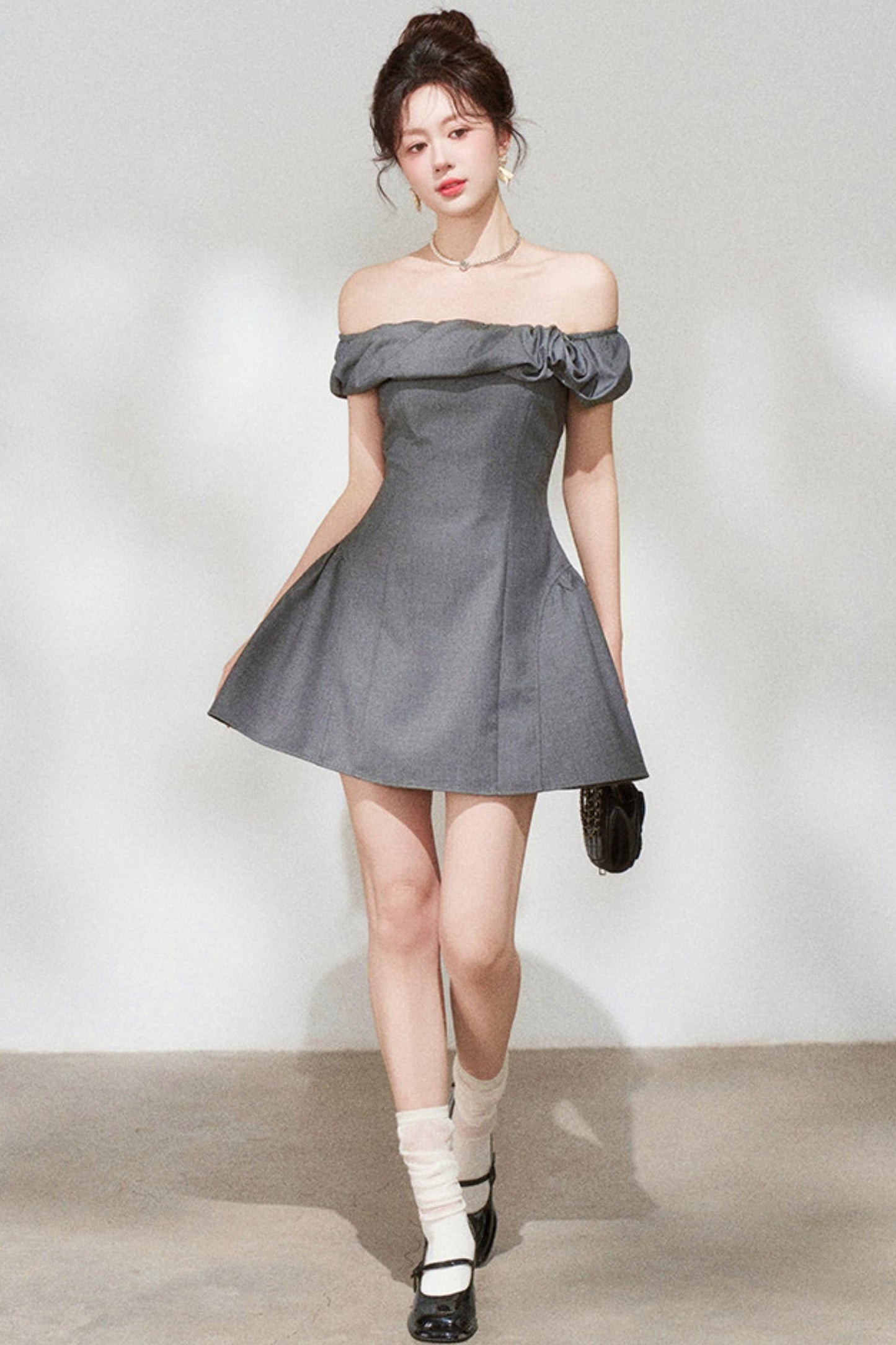 French Gray Off-shoulder Dress