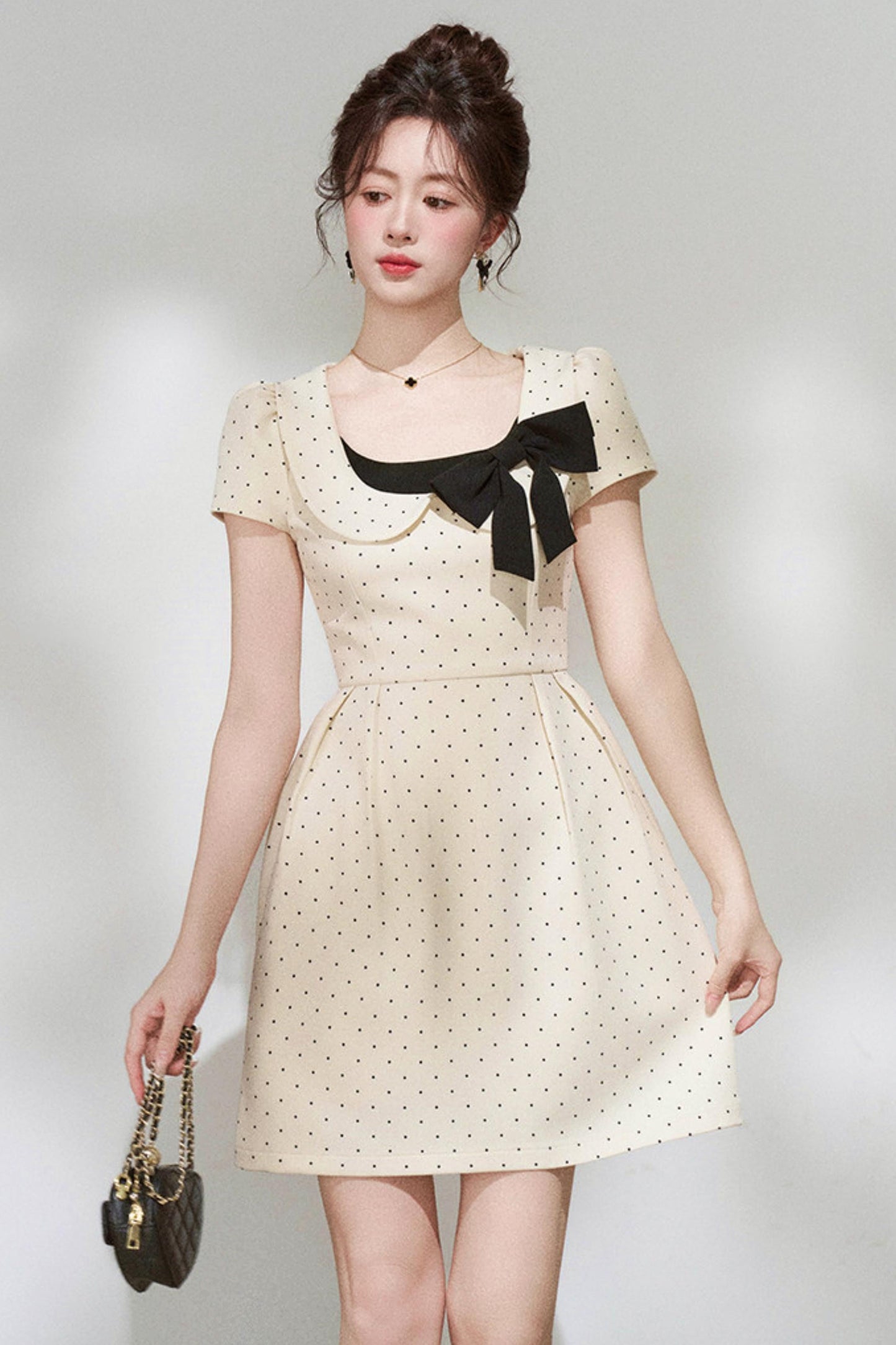 French Girly Ribbon Polka Dot Dress